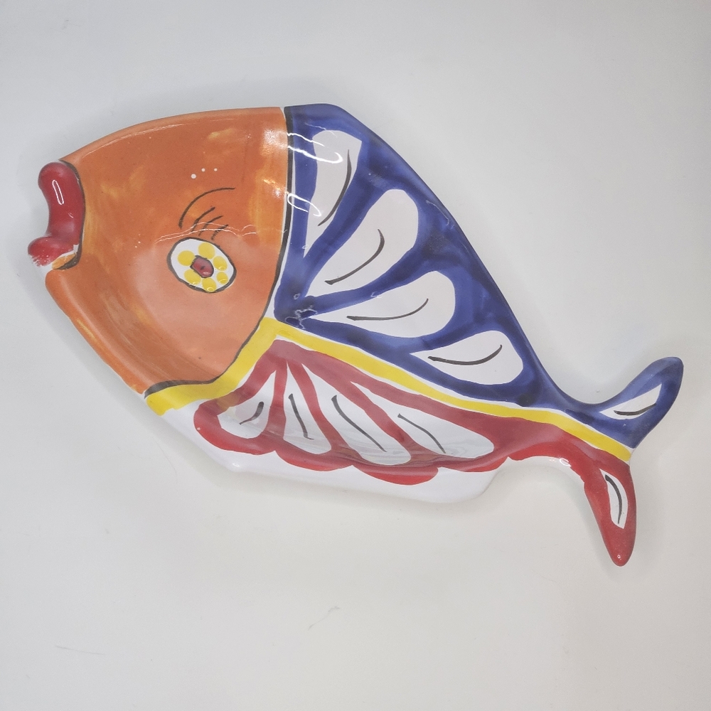 ITALY FISH SHAPED PLATTER BOWL 10 1/2" ART POTTERY BLUE YELLOW & RED